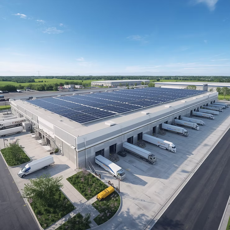 Solar panels on a distribution warehouse roof above truck loading bays