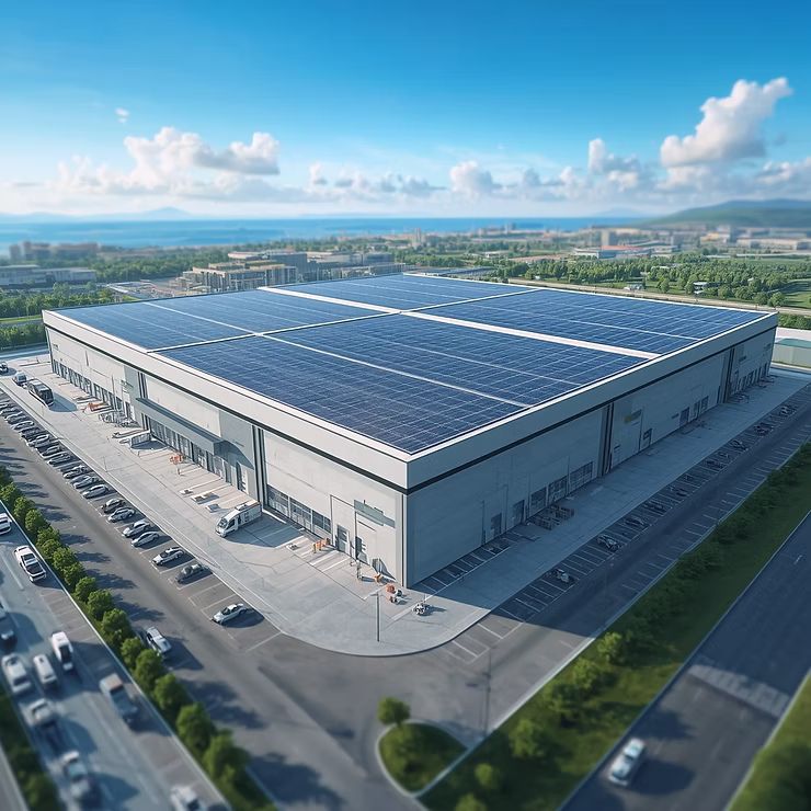 Warehouse with solar panels across its broad rooftop