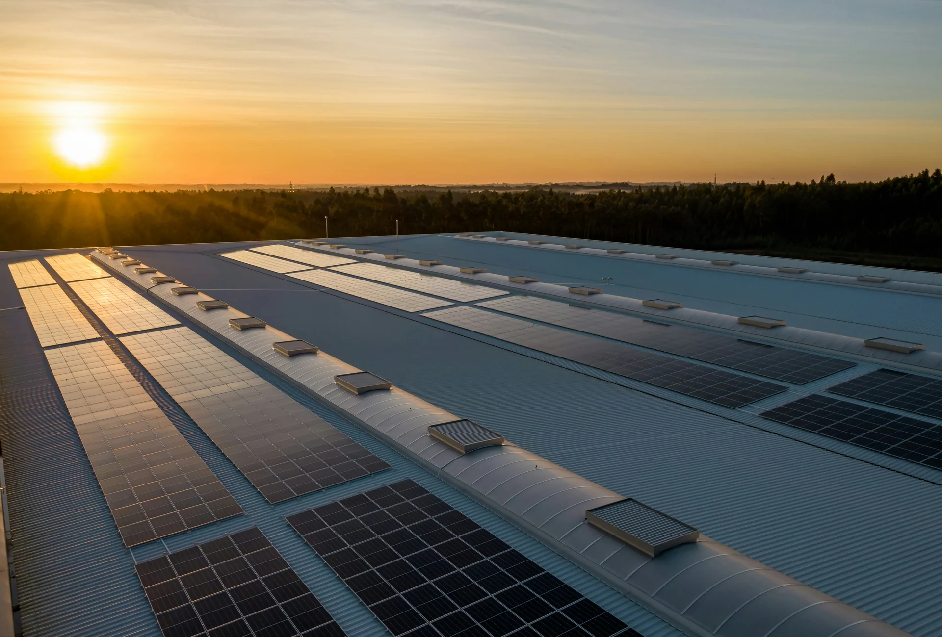 Commercial rooftop solar panels producing power in the afternoon sun