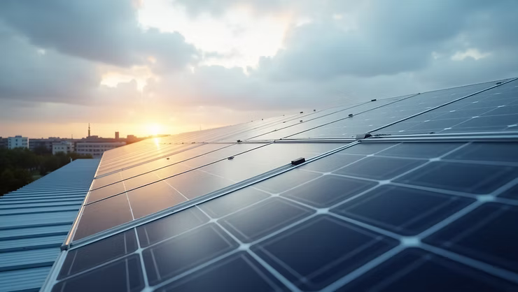 Solar panels on a commercial rooftop at sunrise